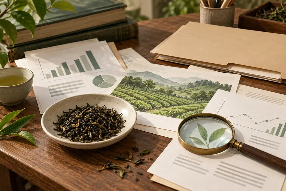 阅读茶产业报道与来源资料的桌面场景